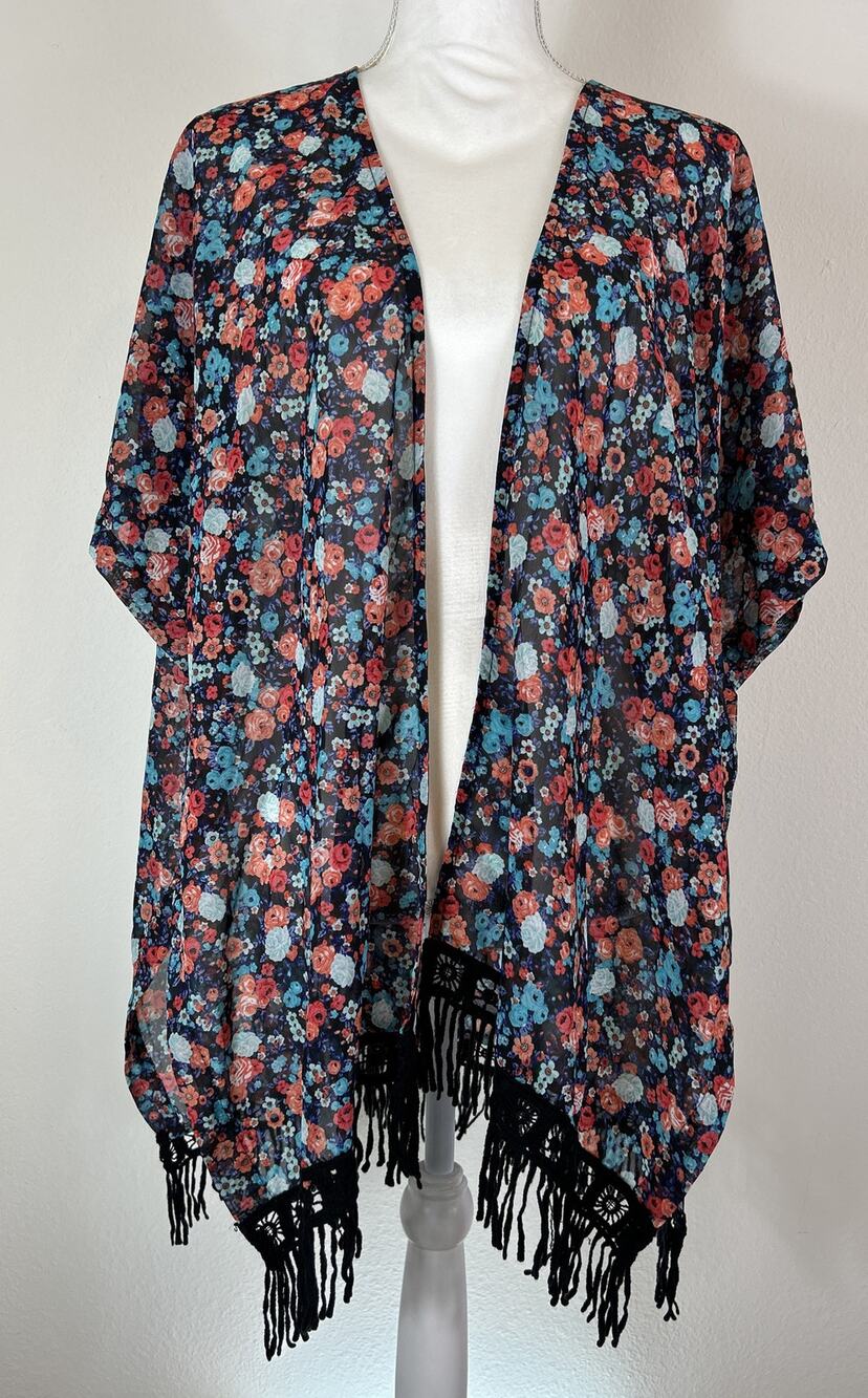 Bobeau Floral Kimono Fringe Crochet Boho Cover Up Large
